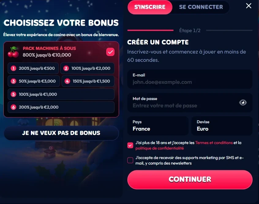 Gambiva Casino : choix du pack de bienvenue et formulaire d'inscription